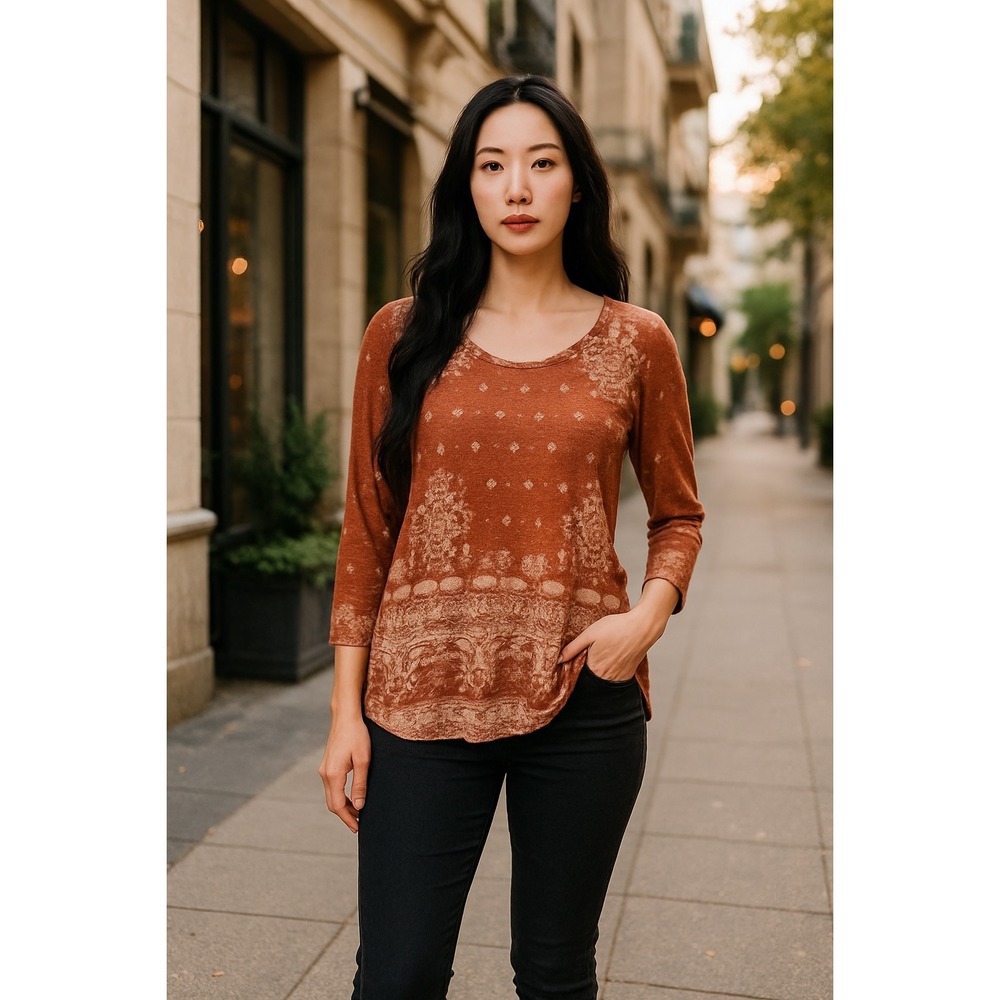 Lucky Brand XS Women's 3/4 Sleeve‎ Rust Orange Paisley Print Top Blouse